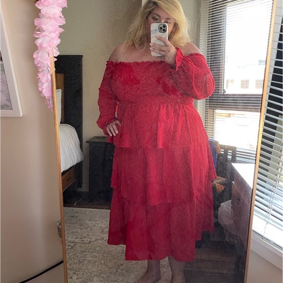 SHEIN Plus Shirred Frill Layered Hem A-line Dress - Picture 2 of 7